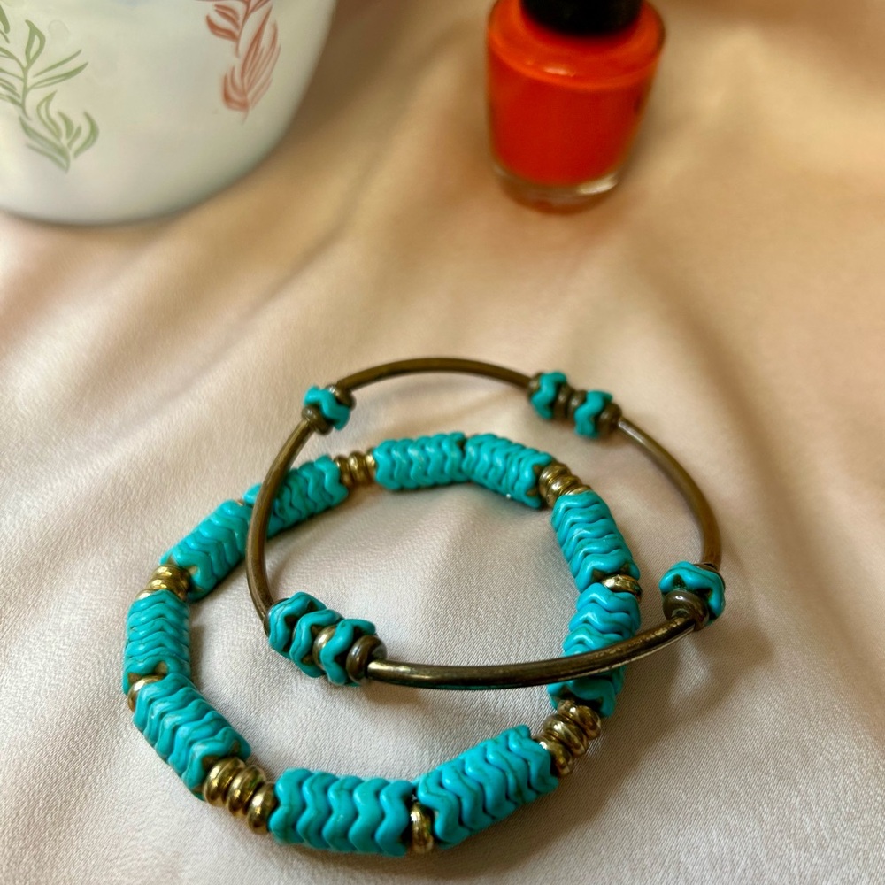 Turquoise Beaded Coil Bracelet Set with Brass Accents